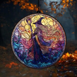 Hexe-Buntglas-Suncatcher, Fensterbild, gruseliges Halloween-Dekor für Fenster, Glas-Hexe-Halloween-Dekor