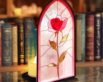 Enchanted Rose Book Nook, Beauty and the Beast Inspired Panel, Stained Glass Fantasy Window Light, Tealight Holder