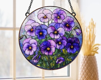 Acchiappasole in vetro con viola del pensiero, decorazione floreale per il mese di nascita, decorazione floreale viola, gif di fiori per il compleanno, regalo per la mamma, decorazione floreale per la casa