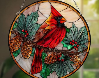 Atrapasol de vitral con colibrí cardenal, regalo conmemorativo de aves, regalo para mamá, regalo para amantes de los cardenales, regalo de decoración del hogar, colgante de ventana