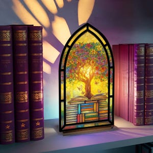 Può includere: Lampada in vetro colorato raffigurante un albero colorato con farfalle, posta su una pila di libri. La lampada ha una cornice nera e una base in legno. Libri viola con dettagli dorati a sinistra e a destra.