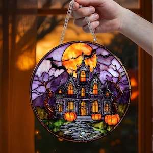 Haunted House Suncatcher, Spooky Pumpkin Path Design, Halloween Decor Accent, Horror Fans, Fall Gift Idea