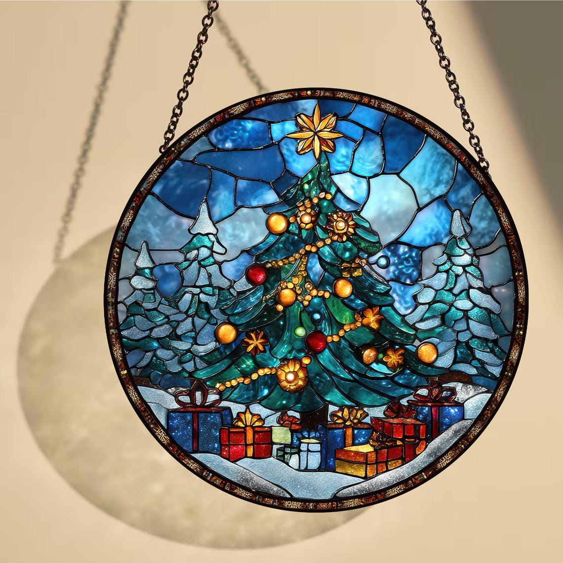 Festive Stained Glass Christmas Tree Suncatcher - Vibrant Holiday Decor ...