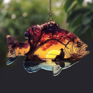 Sonnenuntergang Fischer Acryl Suncatcher, Bass Fisch Silhouette und See Szene, Geschenk für Naturburschen, Faux Buntglas Fensterbehang, Geschenk Papa