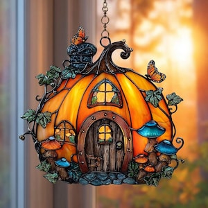 Halloween Pumpkin Cottage Window Hanging, Faux Stained Glass Suncatcher, Whimsical Fall Decor, Cozy Fall Decor, Halloween Gift For Her  hpc1