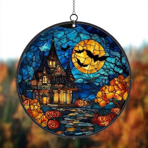Haunted House Suncatcher, Spooky Pumpkin Path Design, Halloween Decor Accent, Horror Fans, Fall Gift Idea