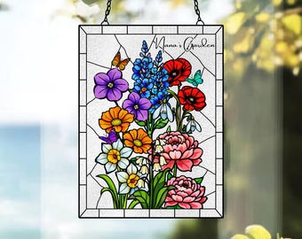Personalized Birth Flower Gift, Mothers Day Gift, Family Birth Flower Bouquet Birth Month Flowers, Personalized Stained Glass Window Hanging