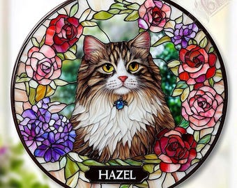 Attrape-soleil en vitrail pour portrait de chat personnalisé, vitrail commémoratif de chat, portrait de chat personnalisé à partir d'une photo, tentures de fenêtre, cadeau commémoratif pour animal de compagnie