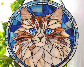 Attrape-soleil en vitrail pour portrait d'animal de compagnie personnalisé, vitrail commémoratif de chat, portrait de chat personnalisé à partir d'une photo, tentures de fenêtre, cadeau commémoratif d'animal de compagnie