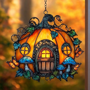 Halloween Pumpkin Cottage Window Hanging, Faux Stained Glass Suncatcher, Whimsical Fall Decor, Cozy Fall Decor, Halloween Gift For Her  hpc3