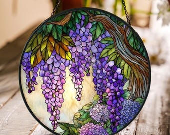 花のステンドグラス 5枚セット、ステンドグラス、藤、青い花のステンド