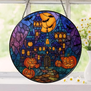 Haunted House Suncatcher, Spooky Pumpkin Path Design, Halloween Decor Accent, Horror Fans, Fall Gift Idea