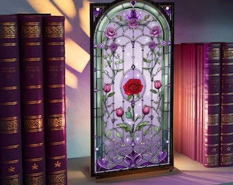 Rose Suncatcher Candle Holder, Enchanted Rose Book Nook, Beauty and the Beast Inspired Panel, Fantasy Window Light, Tealight Holder