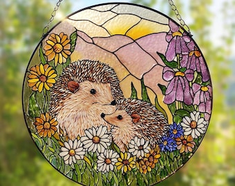 Hedgehog Family Mom Glass Suncatcher, Glass Decor Gift For Animal Lover Mom, Lover Window Hanging Whimsical Nature for Garden Decor