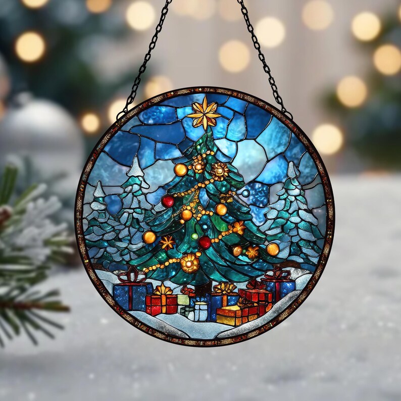 Festive Stained Glass Christmas Tree Suncatcher - Vibrant Holiday Decor ...