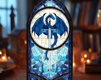 May include: A stained glass panel depicting a blue dragon with a sword. The dragon is set against a backdrop of blue and white mosaic tiles. The panel is framed in dark wood. The dragon has outstretched wings.