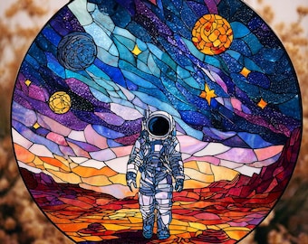 Acchiappasole a forma di galassia con astronauta, arte cosmica per finestre per amanti dello spazio, arte cosmica su vetrata, regalo per uomo, regalo decorativo per amanti della scienza