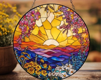 Stained Glass Window Hanging Sunset Suncatcher, Stained Glass Window Home Decor, Sunrise Sunset Suncatcher