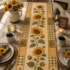May include: A rectangular quilted table runner featuring a central vertical pattern of large yellow sunflowers with green leaves on a cream background, bordered by alternating blocks of green and white gingham and small floral prints.