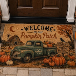 Retro Pumpkin Patch Doormat, , Fall Door Mat, Vintage Truck Pumpkin Welcome Mat, Autumn Porch Decor, Coir Front Door Rug