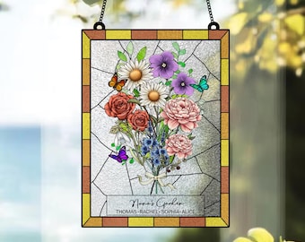 Family Birth Flower Bouquet Birth Month Flowers, Personalized Stained Glass Window Hangings Personalized Birth Flower Gift, Mothers Day Gift