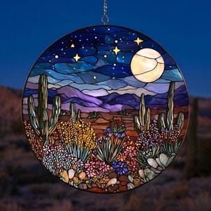 Boho Cactus Moonlight Stained Glass Suncatcher, Sunset Suncatcher, Western Home Decor, Window Hanging Decor, Nature Lover Gift, Home Decor