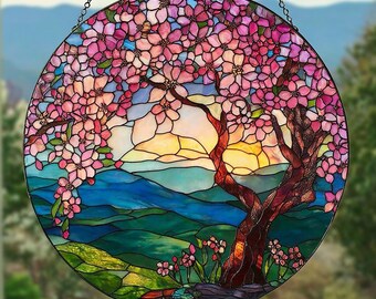 Decoración colgante de ventana con flores de cerezo y montañas, atrapasol de vitral con flores de cerezo, paisaje japonés colgante, regalo para amantes de la naturaleza.