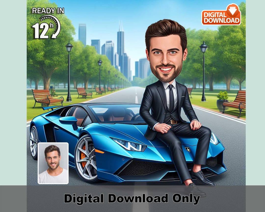 Boss Luxury Car Caricature – Custom Man Portrait With Sports Car ...