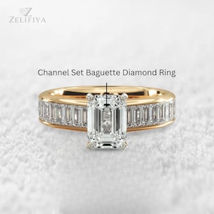 3 CT Emerald Cut Moissanite Engagement Ring, Two Tone, 14K Solid Gold Ring, Unique Channel Set Baguette Diamond Ring, Proposal Ring For Her