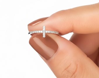 Labor gewachsener Diamant Kreuz Ring, 14K Solid Gold Pave Band, minimalistischer christlicher Schmuck