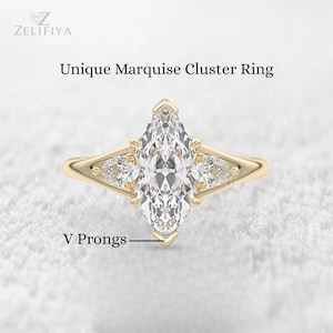 Three Stone Marquise Moissanite Ring Marquise Cut Cluster Engagement Ring Side Stone Pear Diamond Wedding Ring 14K Solid Gold Ring For Women
