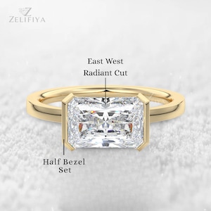 East West Radiant Cut Moissanite Ring, Half Bezel Set 2 Carat Radiant Engagement Ring, 14K Gold Wedding Ring, Radiant Solitaire Diamond Ring