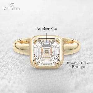Asscher Cut Moissanite Engagement Ring Double Prongs Asscher Solitaire Ring Thick Band 18K Gold Ring Anniversary Ring Asscher Diamond Ring