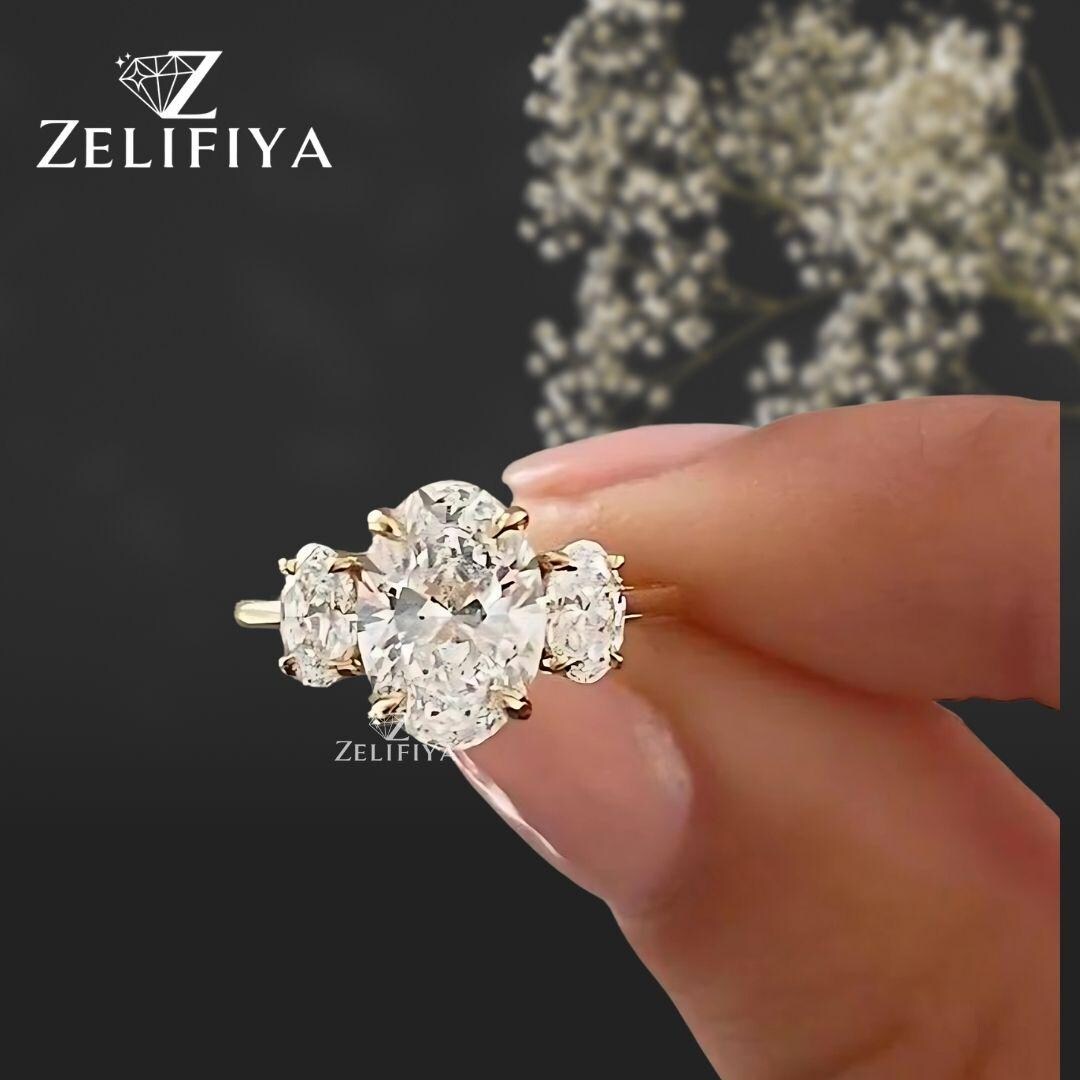Three Stone Oval Cut Moissanite Engagement Ring 14K Gold Wedding Ring ...
