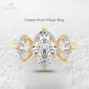 Three Stone Oval Cut Moissanite Ring 3 CT Oval Cut Moissanite Engagement Ring Trilogy Oval Cut Wedding Ring 14K Gold Wedding Ring For Women