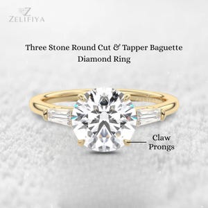 Round Cut Three Stone Moissanite Engagement Ring Cathedral Set 14K Gold Wedding Ring Side Stone Tapper Baguette Cut Ring Past Present Future