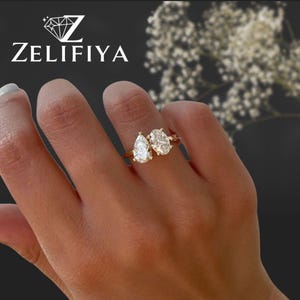Toi Et Moi Moissanite Ring Pear And Oval Cut Two Stone Engagement Ring 14K Solid Gold Double Stone Ring You And Me Promise Rings Travel Ring