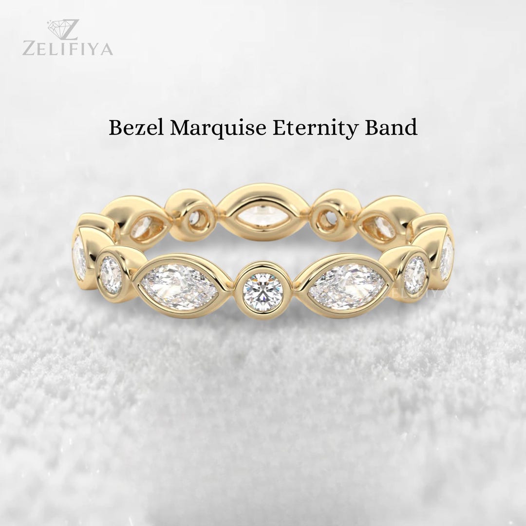 Marquise and Round Cut Diamond Wedding Band for Women/ Bezel Set ...
