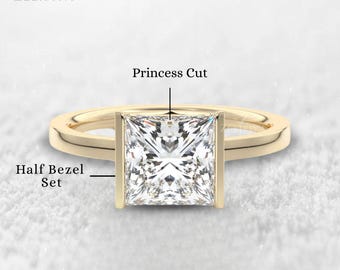 Half Bezel Set 2 Carat Princess Cut Moissanite Engagement Ring 14K Gold Wedding Ring Princess Diamond Ring Promise Anniversary Gifts For Her
