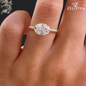 East West Oval Moissanite Ring Oval Engagement Ring 14K Yellow Gold Wedding Ring Oval Diamond Ring For Women Horizontal Oval Solitaire Ring