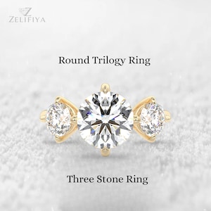 Three Stone Round Cut Moissanite Engagement Ring Promise Round Trilogy Ring 14K Gold Wedding Ring Three Stone Ring Past Present Future Ring