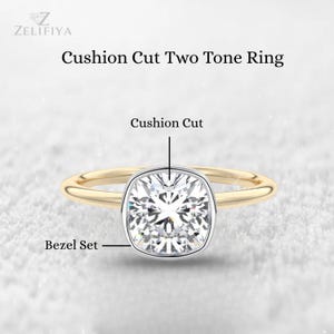 2 Carat Cushion Cut Moissanite Ring, Bezel Set Engagement Ring, 14K Gold Wedding Ring, Two Tone Ring, Cushion Diamond Ring, Anniversary Ring