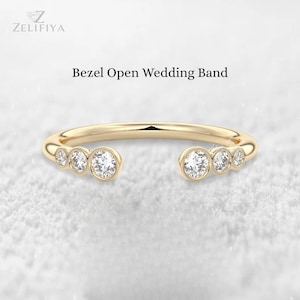 Open Cuff Moissanite Diamond Ring Bezel Set Round Diamond Open Gap Wedding Band 14K Gold Open Ring Six Diamond Matching Band Customize Band