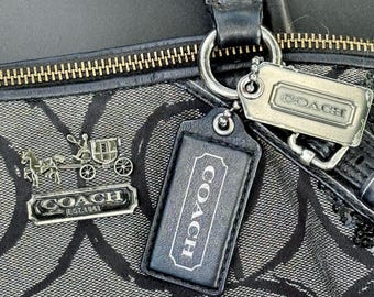 Vintage Coach Signature Sequin Gray Handbag – Black Patent Leather Trim – Classic Shoulder Bag