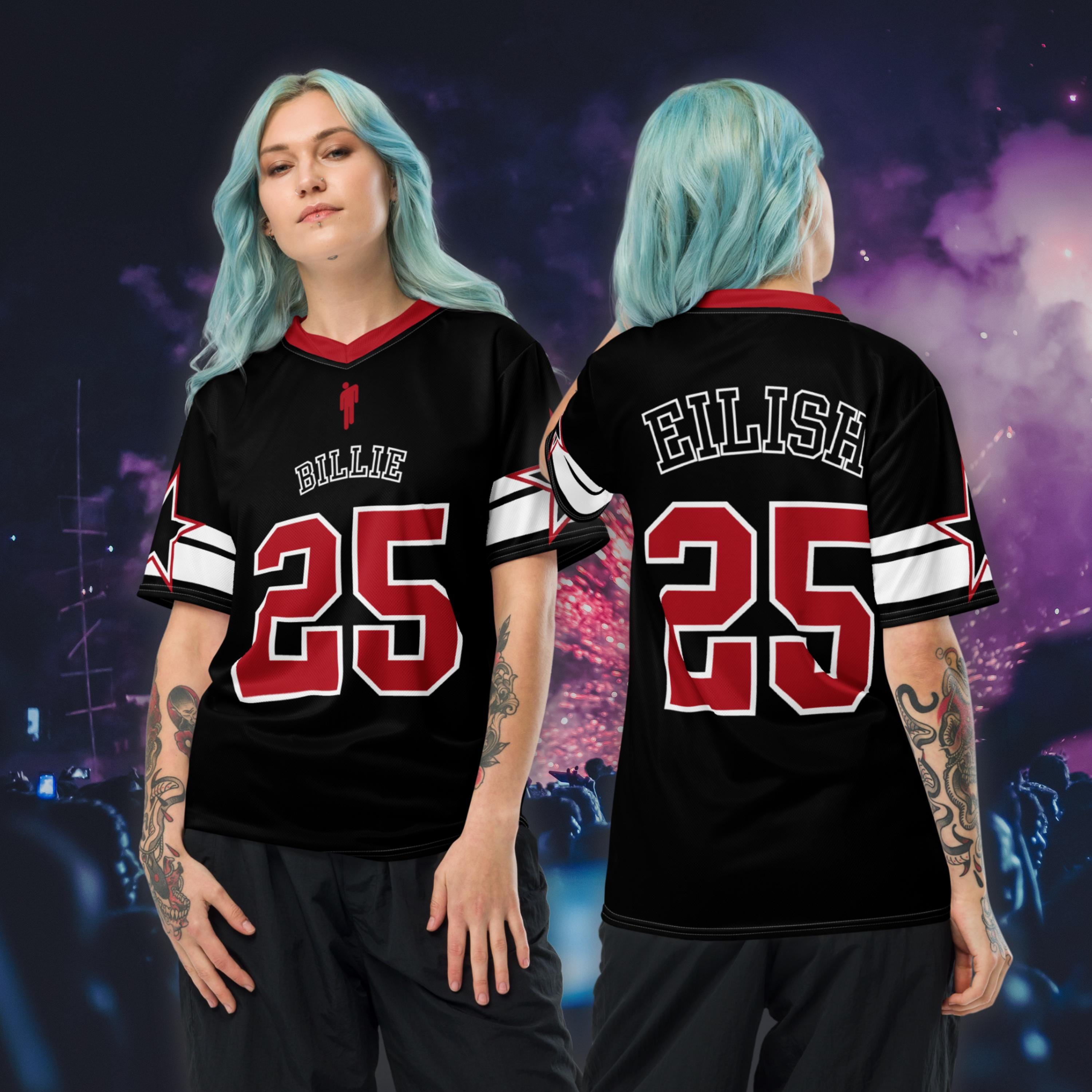 【。】Billie Eilish Red and Black Jersey Billie Eilish Red and Black Jersey - Billie Eilish