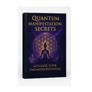 May include: Purple book cover with the title "Quantum Manifestation Secrets" and the subtitle "Activate Your Unlimited Potential". The cover features a golden geometric pattern and a silhouette of a person meditating.