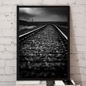 Moody Railroad Photo: Black and White Train Track Art (Digital Download)