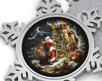 Santa and Reindeer Snowflake Pewter Christmas Ornament, Vintage Santa Holiday Pewter Christmas Tree Decoration, Pewter Holiday Decoration