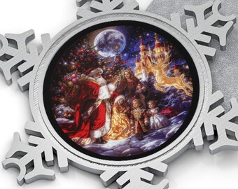 Santa and Reindeer Snowflake Pewter Christmas Ornament, Vintage Santa Holiday Pewter Christmas Tree Decoration