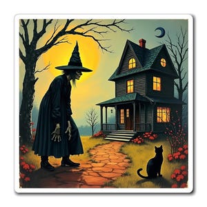 Spooky Witch House Magnet - Halloween Decor, Witch Magnets, Black Cat Art, Fridge Magnet, Gothic Home Decor, Unique Gift